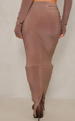 Discount PrettyLittleThing Slinky Low Rise Ruched Detail Maxi Skirt Mocha