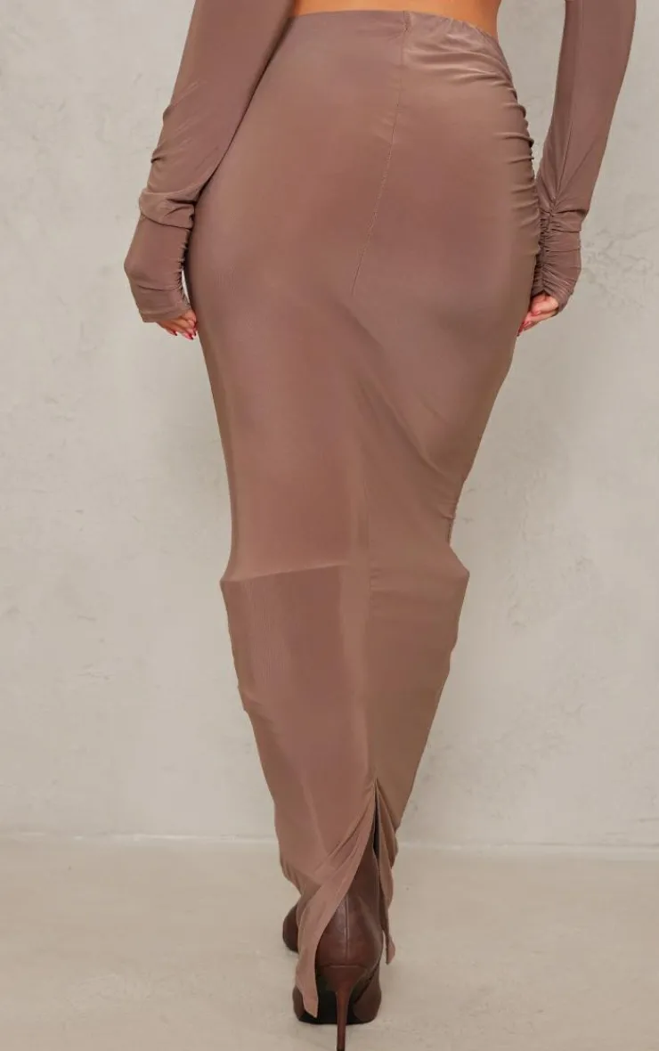Discount PrettyLittleThing Slinky Low Rise Ruched Detail Maxi Skirt Mocha