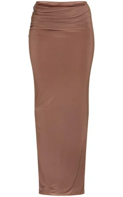 Discount PrettyLittleThing Slinky Low Rise Ruched Detail Maxi Skirt Mocha