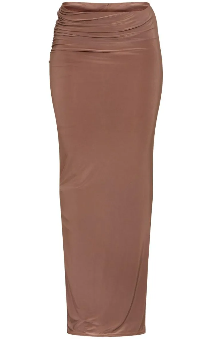 Discount PrettyLittleThing Slinky Low Rise Ruched Detail Maxi Skirt Mocha