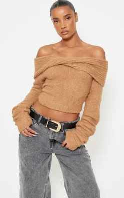 PrettyLittleThing Thanksgiving Outfits*Soft Bobble Knit Bardot Foldover Top