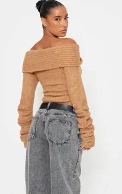 PrettyLittleThing Thanksgiving Outfits*Soft Bobble Knit Bardot Foldover Top