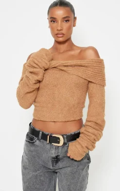 PrettyLittleThing Thanksgiving Outfits*Soft Bobble Knit Bardot Foldover Top