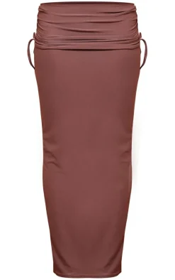 Hot PrettyLittleThing Soft Touch Asymmetric Fold Over Ruched Maxi Skirt Mocha