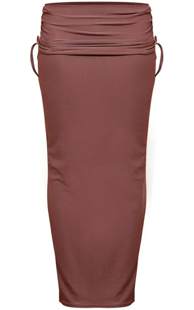 Hot PrettyLittleThing Soft Touch Asymmetric Fold Over Ruched Maxi Skirt Mocha