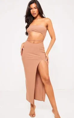 Mocha Soft Touch Bandeau Cut Out Waist Strap Midaxi Dress-PrettyLittleThing Clearance