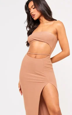 Mocha Soft Touch Bandeau Cut Out Waist Strap Midaxi Dress-PrettyLittleThing Clearance