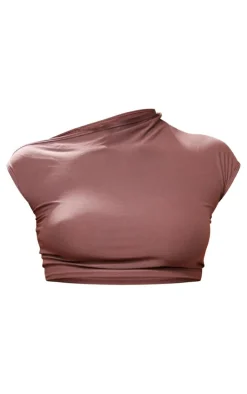 Online PrettyLittleThing Soft Touch One Sleeve Crop Top Mocha