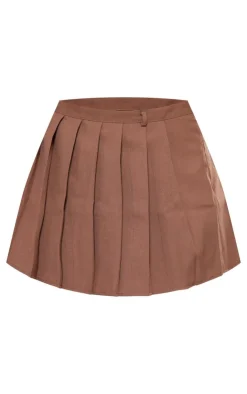 Discount PrettyLittleThing Stretch Woven Pleated Mini Skirt Mocha