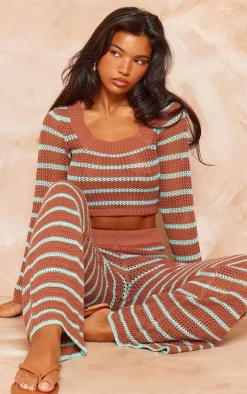 Hot PrettyLittleThing Stripe Crochet Knit Square Neck Long Sleeve Top Mocha