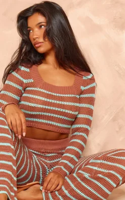 Hot PrettyLittleThing Stripe Crochet Knit Square Neck Long Sleeve Top Mocha