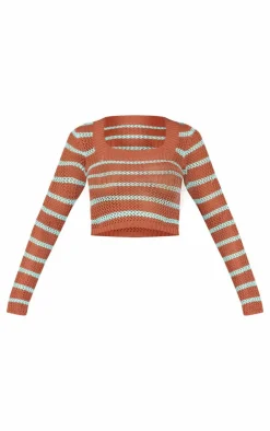 Hot PrettyLittleThing Stripe Crochet Knit Square Neck Long Sleeve Top Mocha