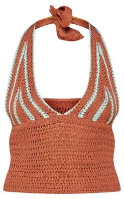 Online PrettyLittleThing Stripe Crochet Knit Plunge Crop Top Mocha
