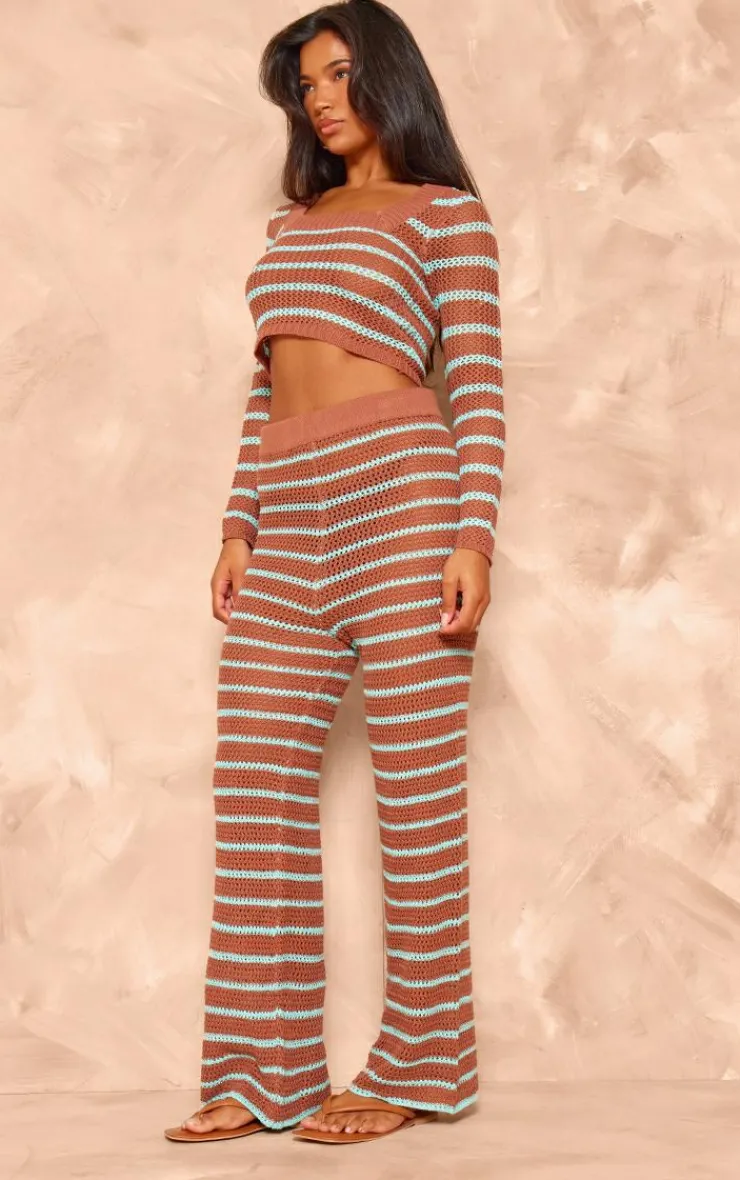 Discount PrettyLittleThing Stripe Crochet Knit Wide Leg Pants Mocha