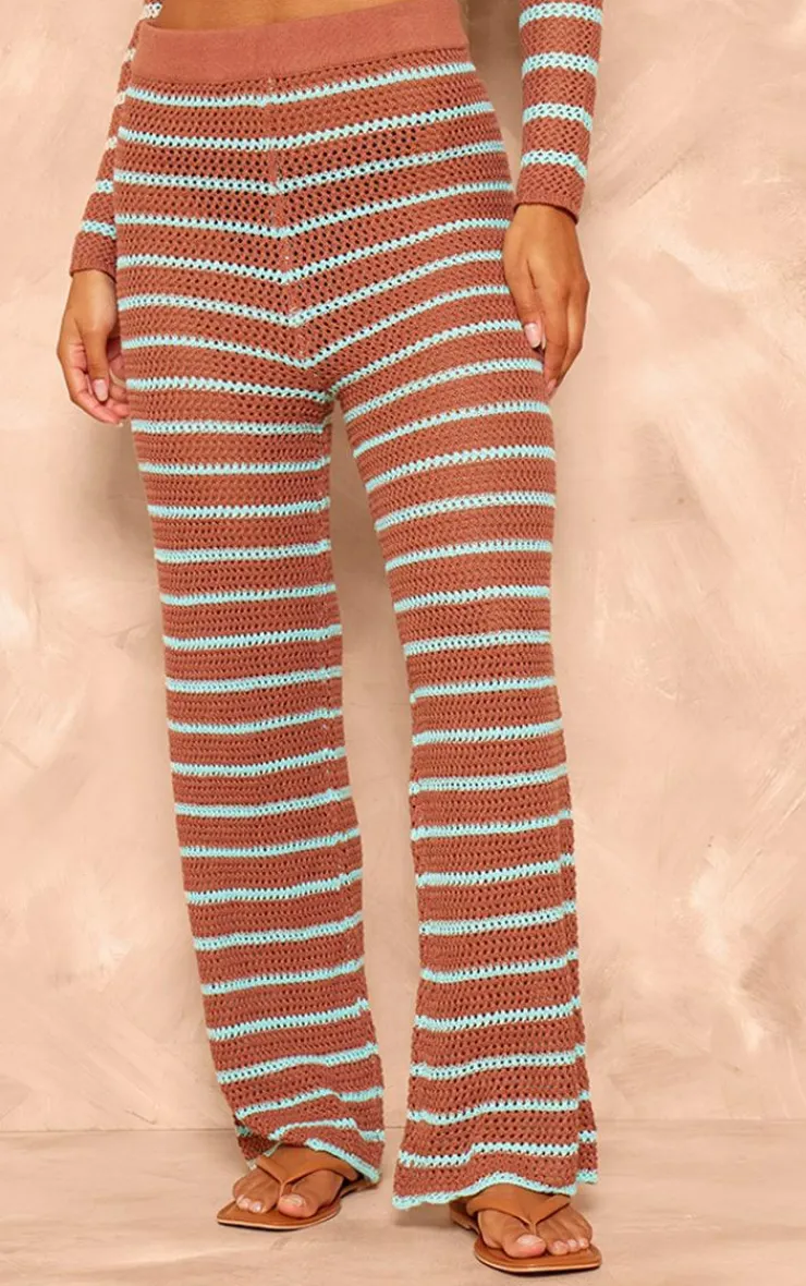 Discount PrettyLittleThing Stripe Crochet Knit Wide Leg Pants Mocha