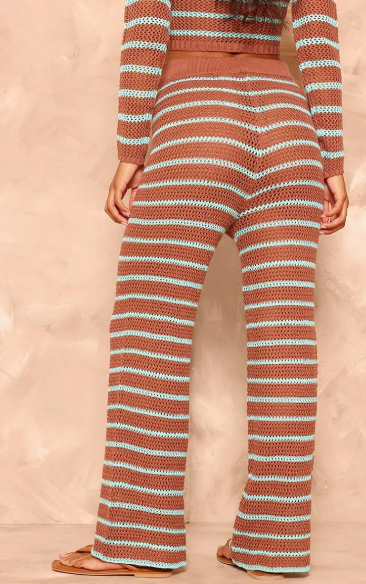 Discount PrettyLittleThing Stripe Crochet Knit Wide Leg Pants Mocha