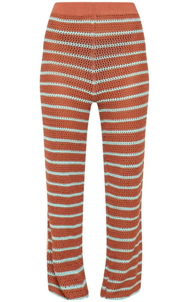 Discount PrettyLittleThing Stripe Crochet Knit Wide Leg Pants Mocha