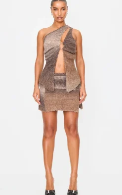Clearance PrettyLittleThing Stripe Textured Knit Fold Over Mini Skirt Mocha