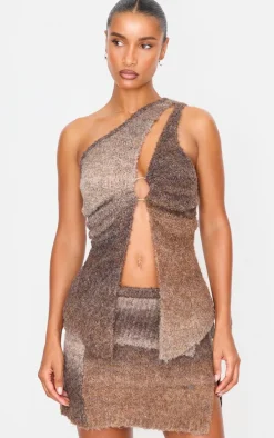 Clearance PrettyLittleThing Stripe Textured Knit Fold Over Mini Skirt Mocha