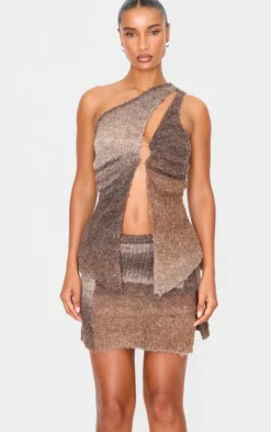 Best PrettyLittleThing Stripe Textured Knit O Ring Asymmetric Cut Out Top Mocha