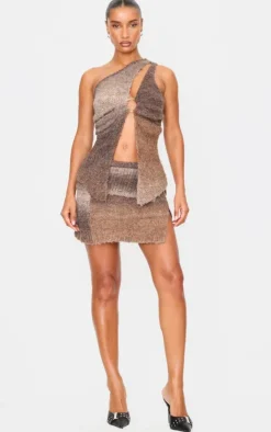 Best PrettyLittleThing Stripe Textured Knit O Ring Asymmetric Cut Out Top Mocha