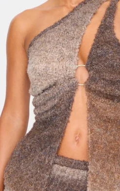 Best PrettyLittleThing Stripe Textured Knit O Ring Asymmetric Cut Out Top Mocha