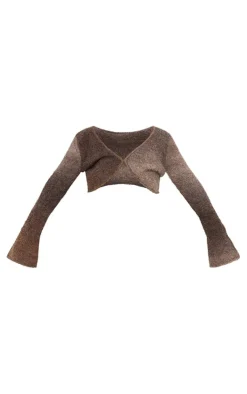 New PrettyLittleThing Stripe Textured Knit Flared Sleeve Mini Cardigan Mocha