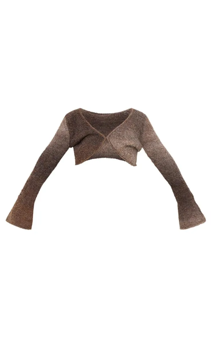 New PrettyLittleThing Stripe Textured Knit Flared Sleeve Mini Cardigan Mocha