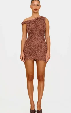 Mocha Textured Asymmetric Mini Dress-PrettyLittleThing