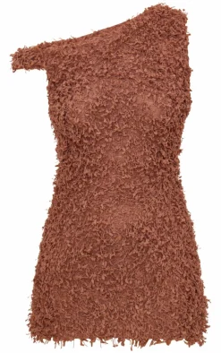 Mocha Textured Asymmetric Mini Dress-PrettyLittleThing