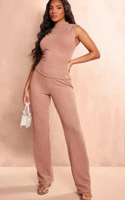 Best PrettyLittleThing Mocha Textured Straight Leg Pants Mocha.