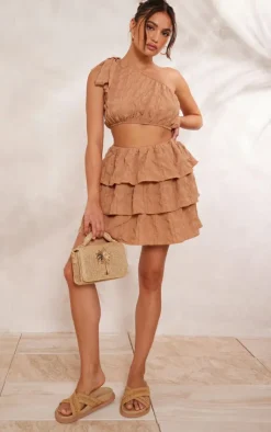 Sale PrettyLittleThing Mocha Textured Woven One Shoulder Tie Crop Top Vela