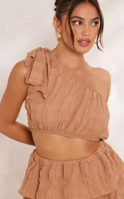 Sale PrettyLittleThing Mocha Textured Woven One Shoulder Tie Crop Top Vela