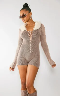 Mocha Two Tone Lace Up Faux Fur Knit Romper