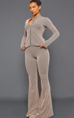 Outlet PrettyLittleThing Two Tone Rib High Waist Flares Mocha