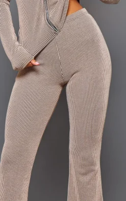 Outlet PrettyLittleThing Two Tone Rib High Waist Flares Mocha