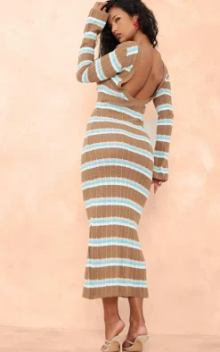 Wide Rib Knit Striped Long Sleeve Maxi Dress-PrettyLittleThing New