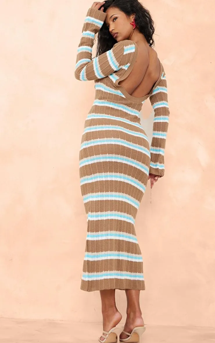 Wide Rib Knit Striped Long Sleeve Maxi Dress-PrettyLittleThing New