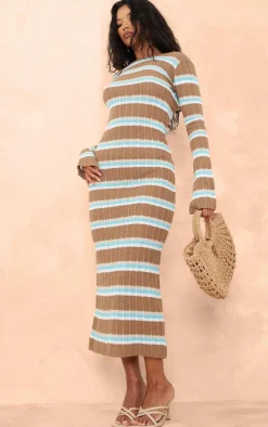 Wide Rib Knit Striped Long Sleeve Maxi Dress-PrettyLittleThing New