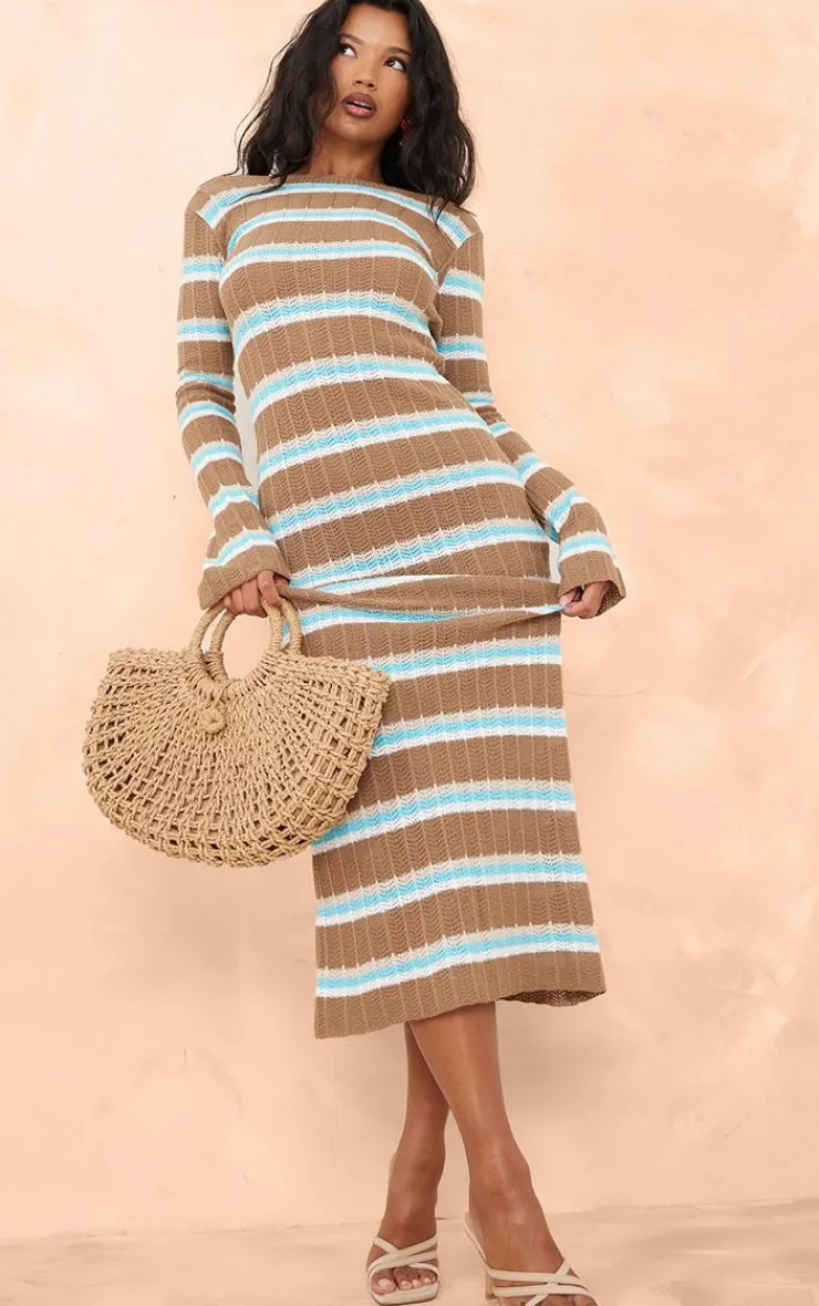 Wide Rib Knit Striped Long Sleeve Maxi Dress-PrettyLittleThing New
