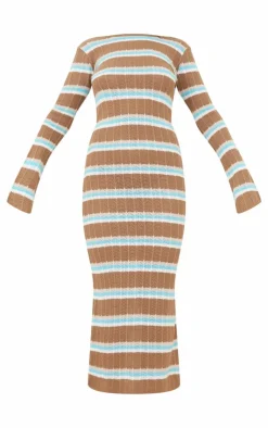Wide Rib Knit Striped Long Sleeve Maxi Dress-PrettyLittleThing New