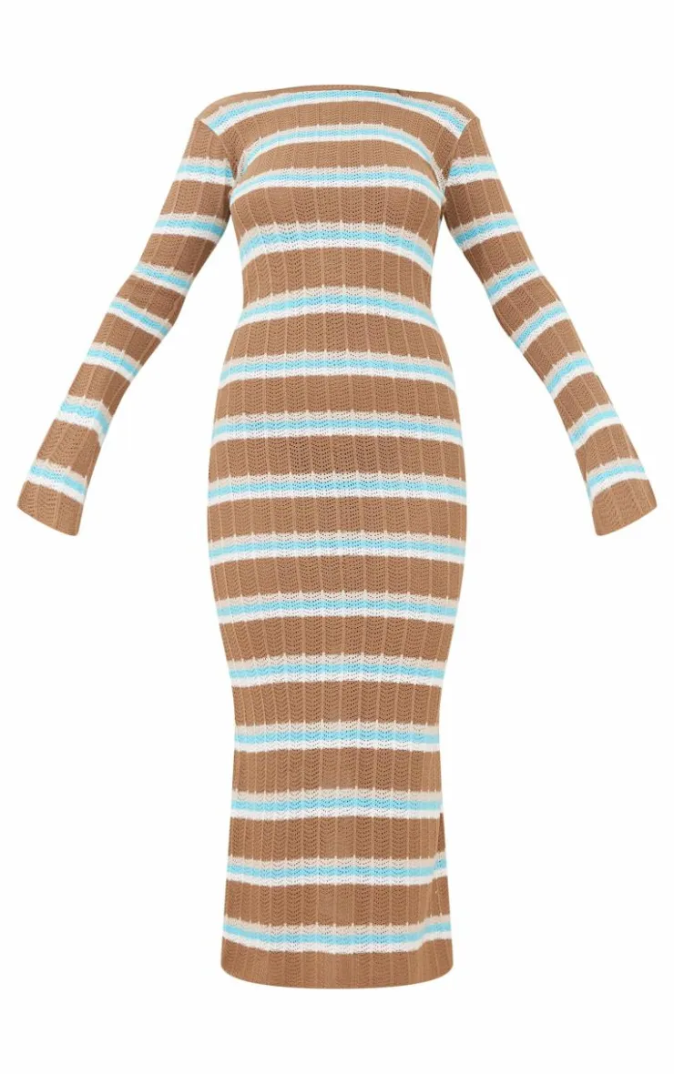 Wide Rib Knit Striped Long Sleeve Maxi Dress-PrettyLittleThing New