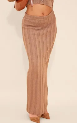 Hot PrettyLittleThing Wide Rib Textured Knit Maxi Skirt Mocha
