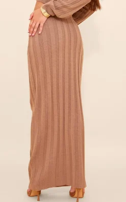 Hot PrettyLittleThing Wide Rib Textured Knit Maxi Skirt Mocha