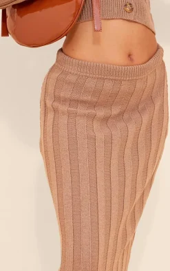 Hot PrettyLittleThing Wide Rib Textured Knit Maxi Skirt Mocha
