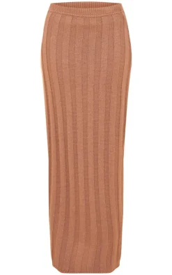 Hot PrettyLittleThing Wide Rib Textured Knit Maxi Skirt Mocha