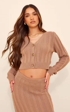 PrettyLittleThing Wide Rib Textured Knit Button Up Cardigan Mocha