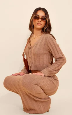 PrettyLittleThing Wide Rib Textured Knit Button Up Cardigan Mocha