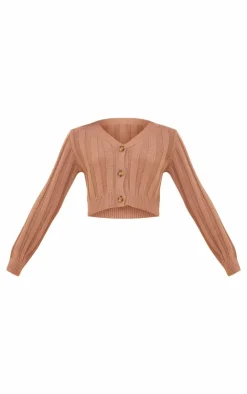 PrettyLittleThing Wide Rib Textured Knit Button Up Cardigan Mocha