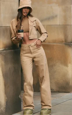 New PrettyLittleThing With Contrast Stitch Crop Denim Jacket Mocha